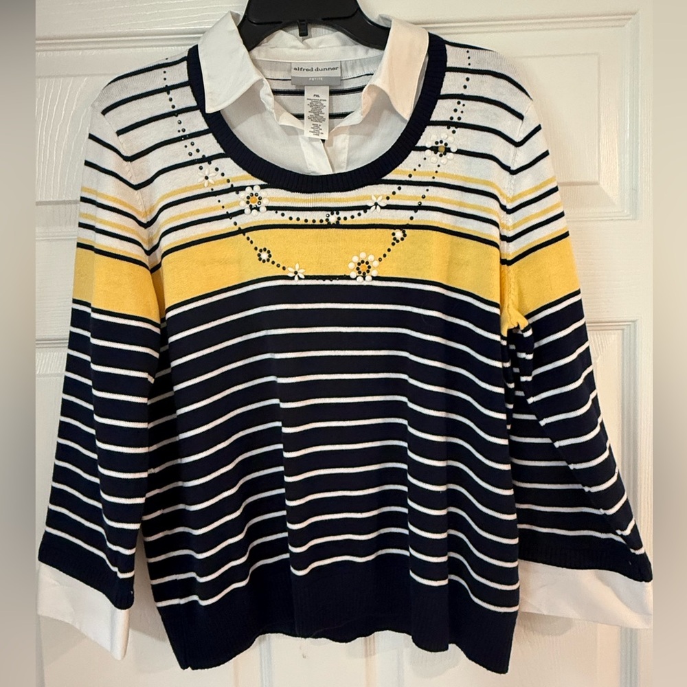 Alfred Dunner Women's Navy and Yellow Striped Sweater with Floral Details